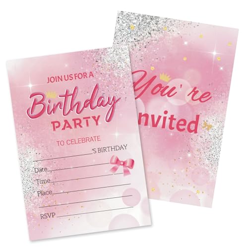 HOMANGA Geburtstagsparty-Einladungen für Mädchen, 20 Stück Geburtstagseinladungskarten mit Umschlägen, rosa Party-Einladungen für Kinder (10 x 15 cm, doppelseitig) von HOMANGA