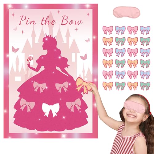 HOMANGA Pin the Bow Partyspiel für Mädchen, Rosa Mädchen Prinzessin Poster mit 24 Schleifen-Aufklebern, Kinder Teens Geburtstag Party Supplies Dekorationen, Sleepover & Dress-Up Aktivität - A2 Poster von HOMANGA