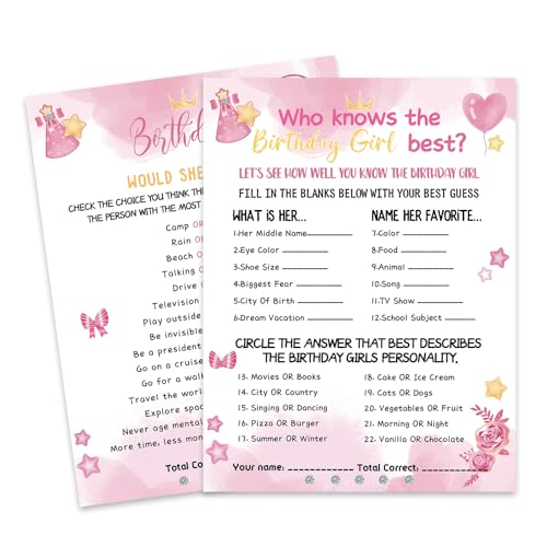HOMANGA "Who Knows The Birthday Girl Best", Geburtstags-Spielkarten für Mädchen, Frauen, Übernachtungsparty, 15 x 20 cm, 30 Stück (Rosa, doppelseitig) von HOMANGA