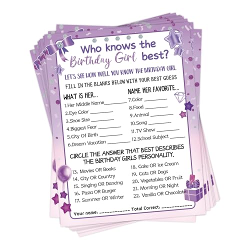 HOMANGA "Who Knows The Birthday Girl Best", Geburtstags-Spielkarten für Mädchen und Frauen, Übernachtungsparty, 15 x 20 cm, 30 Stück (lila, doppelseitig) von HOMANGA