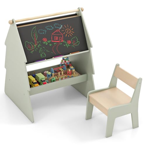 HOMASIS 2 in 1 doppelseitige Kindertafel, Holz Staffelei mit Kreidetafel & Papierrolle, Kinderstaffelei im Baumform mit Stuhl & Ablage, Standtafel Maltafel für Kinder ab 3 Jahren, Grün, 68x60x80 cm HOMASIS 2 in 1 doppelseitige Kindertafel, Holz Staffelei mit Kreidetafel & Papierrolle, Kinderstaffelei im Baumform mit Stuhl & Ablage, Standtafel Maltafel für Kinder ab 3 Jahren, Grün, 68x60x80 cm von HOMASIS