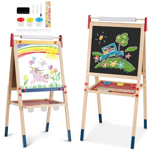 HOMASIS 3 in 1 Kindertafel doppelseitig, Holz Staffelei mit Kreidetafel, magnetischen Whiteboard mit Papierrolle & Ablage, Kinderstaffelei mit Alphabet, Kreide & Marke, Standtafel höhenverstellbar von HOMASIS