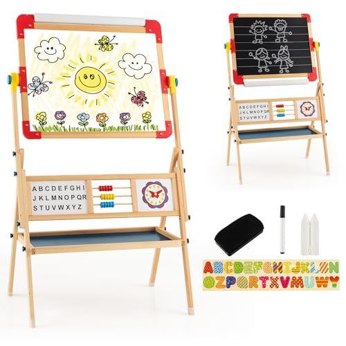 HOMASIS 3 in 1 Kindertafel doppelseitig, Holz Staffelei mit Kreidetafel, magnetischen Whiteboard & Papierrolle, Kinderstaffelei 360°drehbar mit Abakus, Alphabet & Uhr, Maltafel für Kinder ab 3 Jahren HOMASIS 3 in 1 Kindertafel doppelseitig, Holz Staffelei mit Kreidetafel, magnetischen Whiteboard & Papierrolle, Kinderstaffelei 360°drehbar mit Abakus, Alphabet & Uhr, Maltafel für Kinder ab 3 Jahren von HOMASIS
