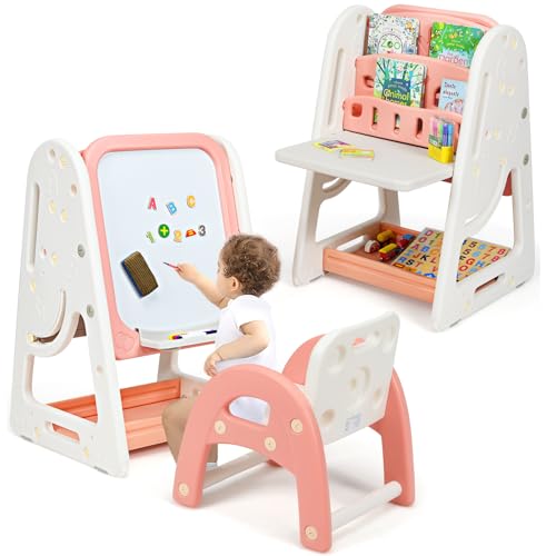 HOMASIS 3 in 1 Kindertafel mit Kindersitzgruppe & Bücherregal, Kindertisch mit Stuhl Set höhenverstellbar, Kinder Staffelei mit Aufbewahrungsablage, Standtafel Maltafel für Kinder ab 3 Jahren (Orange) HOMASIS 3 in 1 Kindertafel mit Kindersitzgruppe & Bücherregal, Kindertisch mit Stuhl Set höhenverstellbar, Kinder Staffelei mit Aufbewahrungsablage, Standtafel Maltafel für Kinder ab 3 Jahren (Orange) von HOMASIS