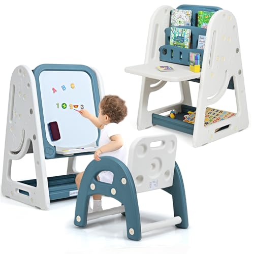 HOMASIS 3 in 1 Kindertafel mit Kindersitzgruppe & Bücherregal, Kindertisch mit Stuhl Set höhenverstellbar, Kinder Staffelei mit Aufbewahrungsablage, Standtafel Maltafel für Kinder ab 3 Jahren (Blau) HOMASIS 3 in 1 Kindertafel mit Kindersitzgruppe & Bücherregal, Kindertisch mit Stuhl Set höhenverstellbar, Kinder Staffelei mit Aufbewahrungsablage, Standtafel Maltafel für Kinder ab 3 Jahren (Blau) von HOMASIS
