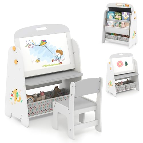 HOMASIS 4 in 1 Kindertafel mit Stuhl & Bücherregal, doppelseitige Kinder Staffelei mit magnetischer Kreidetafel & Whiteboard, Spieltafel mit Aufbewahrungsbox, Kindertisch für ab 3 Jahren (Grau) von HOMASIS