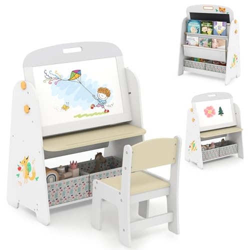 HOMASIS 4 in 1 Kindertafel mit Stuhl & Bücherregal, doppelseitige Kinder Staffelei mit magnetischer Kreidetafel & Whiteboard, Spieltafel mit Aufbewahrungsbox, Kindertisch für ab 3 Jahren (Natur) von HOMASIS