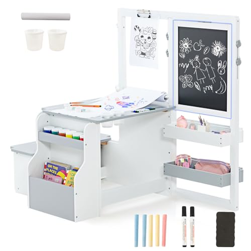 HOMASIS 6 in 1 Kindertafel, Holz Kindertisch Stuhl Set mit Staffelei, höhenverstellbare Maltafel mit Kreidetafel & Whiteboard & Papierrolle, Kindersitzgruppe für Kinder ab 3 Jahren (Grau+Weiß) von HOMASIS