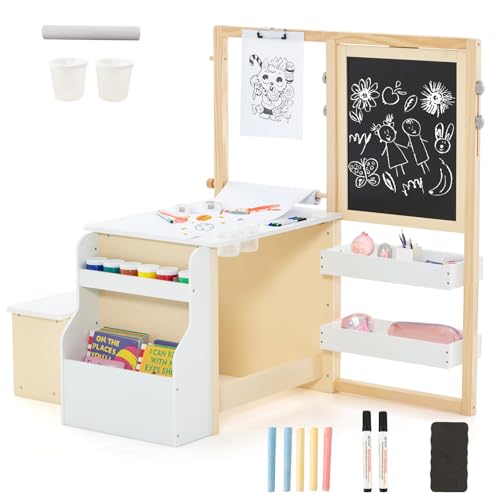 HOMASIS 6 in 1 Kindertafel, Holz Kindertisch Stuhl Set mit Staffelei, höhenverstellbare Maltafel mit Kreidetafel & Whiteboard & Papierrolle, Kindersitzgruppe für Kinder ab 3 Jahren (Weiß) von HOMASIS