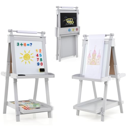 HOMASIS Faltbare Staffelei für Kinder ab 3 Jahren, Kindertafel aus Holz mit verstellbarer Höhe in 3 Ebenen, Papierroller, 3 Kunststoffbecher, Aufbewahrungsschale, 55 x 66 x 106 cm (grau) von HOMASIS