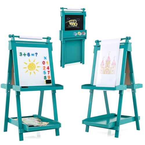 HOMASIS Faltbare Staffelei für Kinder ab 3 Jahren, Kindertafel aus Holz mit verstellbarer Höhe in 3 Ebenen, Papierroller, 3 Kunststoffbecher, Aufbewahrungsschale, 55 x 66 x 106 cm (grün) von HOMASIS