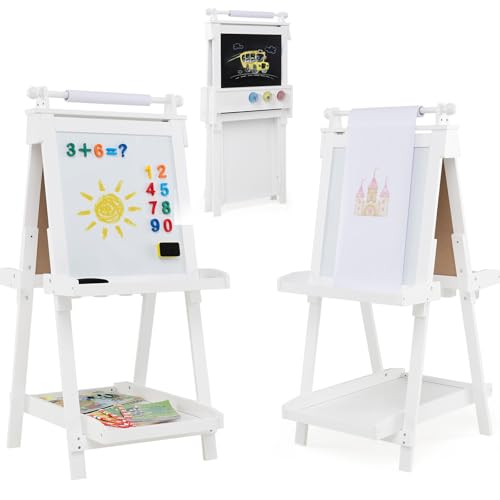 HOMASIS Faltbare Staffelei für Kinder ab 3 Jahren, Kindertafel aus Holz mit verstellbarer Höhe in 3 Ebenen, Papierroller, 3 Kunststoffbecher, Aufbewahrungsschale, 55 x 66 x 106 cm (weiß) von HOMASIS