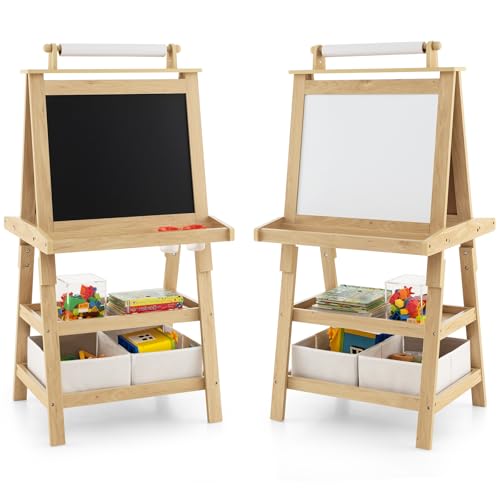 HOMASIS Kindertafel mit doppelseitiger Staffelei, Staffelei für Kinder aus Holz mit Papierrolle, 2 Behältern und 2 Ablagen, Lernspielzeug ab 3 Jahren (Natur) von HOMASIS