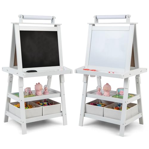 HOMASIS Kindertafel mit doppelseitiger Staffelei, Staffelei für Kinder aus Holz mit Papierrolle, 2 Behältern und 2 Ablagen, Lernspielzeug ab 3 Jahren (weiß) von HOMASIS