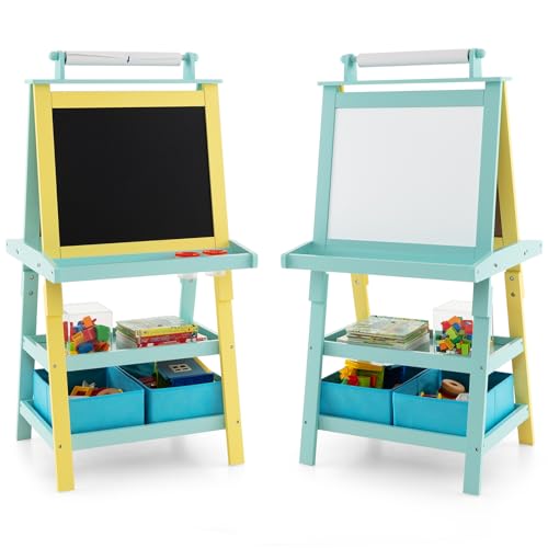HOMASIS Kindertafel mit doppelseitiger Staffelei, Staffelei für Kinder aus Holz mit Papierrolle, 2 Behältern und 2 Regalen, Lernspielzeug ab 3 Jahren (Gelb und Blau) von HOMASIS
