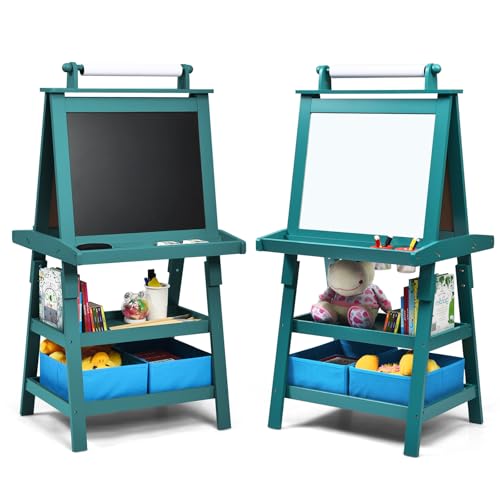 HOMASIS Kindertafel mit doppelseitiger Staffelei, Staffelei für Kinder aus Holz mit Papierrolle, 2 Behältern und 2 Regalen, Lernspielzeug ab 3 Jahren (Hellblau Ente) von HOMASIS