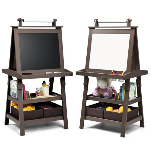 HOMASIS Kindertafel mit doppelseitiger Staffelei, Staffelei für Kinder aus Holz mit Papierrolle, 2 Behältern und 2 Regalen, Lernspielzeug ab 3 Jahren (Kaffee) von HOMASIS