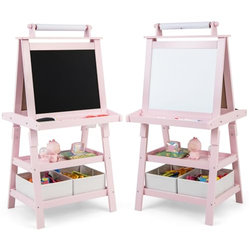 HOMASIS Kindertafel mit doppelseitiger Staffelei, Staffelei für Kinder aus Holz mit Papierrolle, 2 Behältern und 2 Regalen, Lernspielzeug ab 3 Jahren (Rosa) von HOMASIS