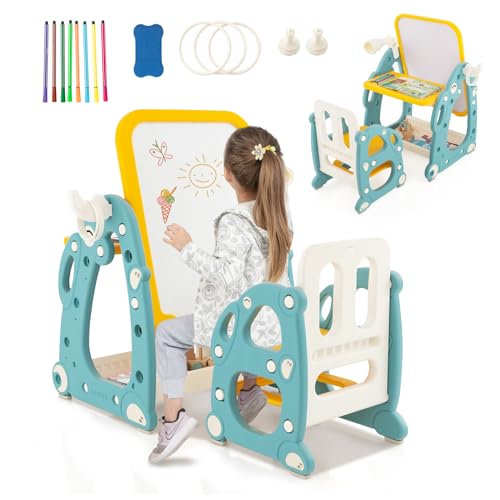 HOMASIS Malstaffelei für Kinder mit Stuhl, Kindertafel in verstellbarer Höhe, multifunktionaler und platzsparender Kindertisch, inklusive Stifte, Radiergummi für Whiteboards, Blau und Gelb HOMASIS Malstaffelei für Kinder mit Stuhl, Kindertafel in verstellbarer Höhe, multifunktionaler und platzsparender Kindertisch, inklusive Stifte, Radiergummi für Whiteboards, Blau und Gelb von HOMASIS