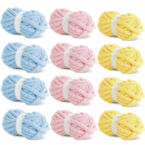 HOMBYS 12 Stück grobes Garn zum Häkeln, super sperriges, großes, weiches, flauschiges Garn, Plüschgarn, dickes Chenille-Garn zum Handstricken/Armstricken, 4 Rosa, 4 Butterblumen, 4 Himmelblau (je 227 HOMBYS 12 Stück grobes Garn zum Häkeln, super sperriges, großes, weiches, flauschiges Garn, Plüschgarn, dickes Chenille-Garn zum Handstricken/Armstricken, 4 Rosa, 4 Butterblumen, 4 Himmelblau (je 227 von HOMBYS
