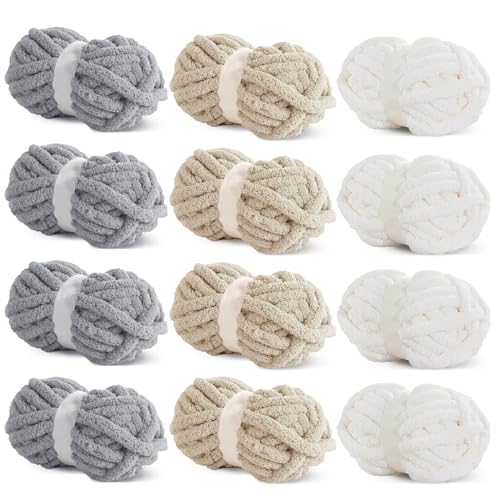 HOMBYS 12 Stück grobes Garn zum Häkeln, super sperriges, großes, weiches, flauschiges Garn, Plüschgarn, dickes Chenille-Garn zum Handstricken/Armstricken, 4 cremefarben, 4 hellgrau, 4 Khaki (je 227 m, HOMBYS 12 Stück grobes Garn zum Häkeln, super sperriges, großes, weiches, flauschiges Garn, Plüschgarn, dickes Chenille-Garn zum Handstricken/Armstricken, 4 cremefarben, 4 hellgrau, 4 Khaki (je 227 m, von HOMBYS