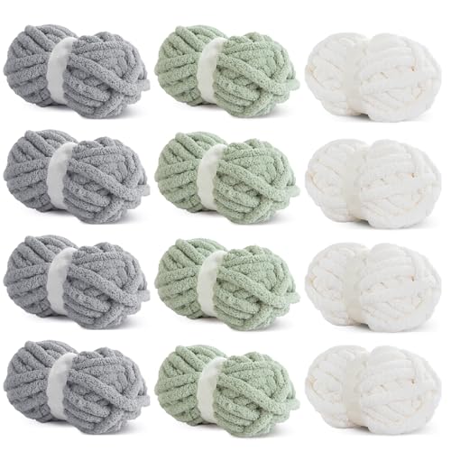 HOMBYS 12 Stück grobes Garn zum Häkeln, super sperriges, großes, weiches, flauschiges Garn, Plüschgarn, dickes Chenille-Garn zum Handstricken/Armstricken, 4 cremefarben, 4 hellgrau, 4 Salbeigrün (je HOMBYS 12 Stück grobes Garn zum Häkeln, super sperriges, großes, weiches, flauschiges Garn, Plüschgarn, dickes Chenille-Garn zum Handstricken/Armstricken, 4 cremefarben, 4 hellgrau, 4 Salbeigrün (je von HOMBYS