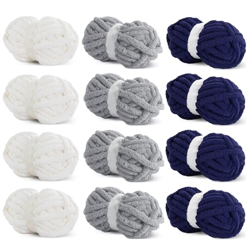 HOMBYS 12 Stück grobes Garn zum Häkeln, super sperriges, großes, weiches, flauschiges Garn, Plüschgarn, dickes Chenille-Garn zum Handstricken/Armstricken, 4 cremefarben, 4 hellgrau, 4 marineblau (je HOMBYS 12 Stück grobes Garn zum Häkeln, super sperriges, großes, weiches, flauschiges Garn, Plüschgarn, dickes Chenille-Garn zum Handstricken/Armstricken, 4 cremefarben, 4 hellgrau, 4 marineblau (je von HOMBYS