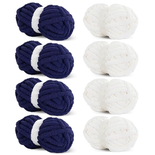 HOMBYS 8 Stück sortierte grobe Garne zum Häkeln, super sperriges, großes, weiches, flauschiges Plüschgarn, dickes Chenille-Garn zum Handstricken/Armstricken, 4 cremefarben und 4 marineblau (27 m, 227 von HOMBYS