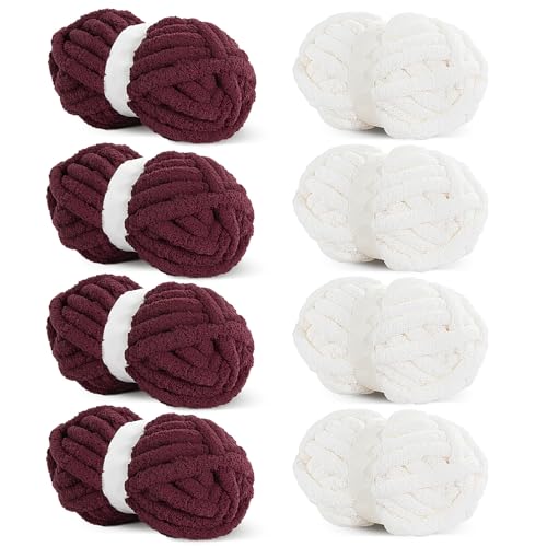 HOMBYS 8 Stück sortierte grobe Garne zum Häkeln, super sperriges, großes, weiches, flauschiges Plüschgarn, dickes Chenille-Garn zum Handstricken/Armstricken, 4 cremefarben und 4 weinrot (27 m, 227 g HOMBYS 8 Stück sortierte grobe Garne zum Häkeln, super sperriges, großes, weiches, flauschiges Plüschgarn, dickes Chenille-Garn zum Handstricken/Armstricken, 4 cremefarben und 4 weinrot (27 m, 227 g von HOMBYS