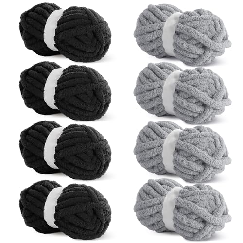 HOMBYS 8 Stück sortierte grobe Garne zum Häkeln, super sperriges, großes, weiches, flauschiges Plüschgarn, dickes Chenille-Garn zum Handstricken/Armstricken, 4 schwarz und 4 grau (27 m, 227 g pro HOMBYS 8 Stück sortierte grobe Garne zum Häkeln, super sperriges, großes, weiches, flauschiges Plüschgarn, dickes Chenille-Garn zum Handstricken/Armstricken, 4 schwarz und 4 grau (27 m, 227 g pro von HOMBYS