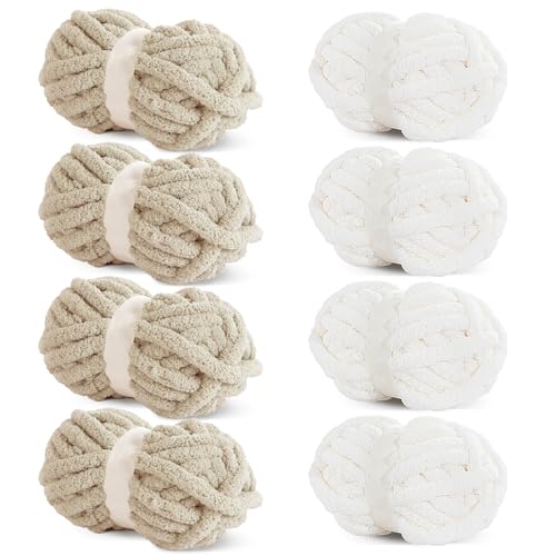 HOMBYS 8 Stück sortierte grobe Garne zum Häkeln, super sperriges, großes, weiches, flauschiges Plüschgarn, dickes Chenille-Garn zum Handstricken/Armstricken, 4 weiße und 4 Khaki (27 m, 227 g pro HOMBYS 8 Stück sortierte grobe Garne zum Häkeln, super sperriges, großes, weiches, flauschiges Plüschgarn, dickes Chenille-Garn zum Handstricken/Armstricken, 4 weiße und 4 Khaki (27 m, 227 g pro von HOMBYS