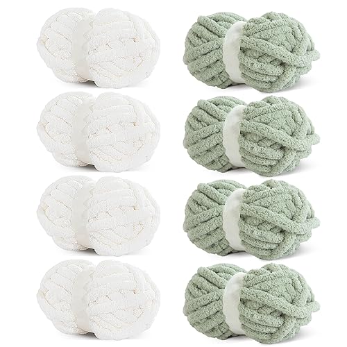 HOMBYS 8 Stück sortierte grobe Garne zum Häkeln, super sperriges, großes, weiches, flauschiges Plüschgarn, dickes Chenille-Garn zum Handstricken/Armstricken, 4 weiße und 4 Salbeigrün (27 m, 227 g pro HOMBYS 8 Stück sortierte grobe Garne zum Häkeln, super sperriges, großes, weiches, flauschiges Plüschgarn, dickes Chenille-Garn zum Handstricken/Armstricken, 4 weiße und 4 Salbeigrün (27 m, 227 g pro von HOMBYS