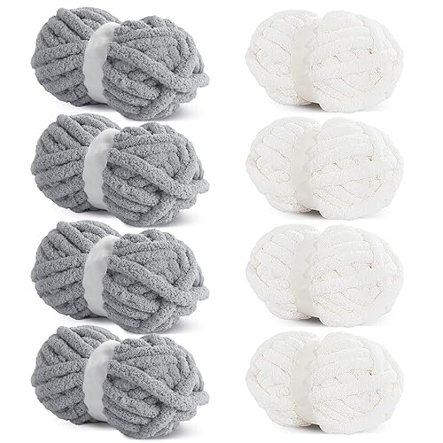 HOMBYS 8 Stück sortierte grobe Garne zum Häkeln, super sperriges, großes, weiches, flauschiges Plüschgarn, dickes Chenille-Garn zum Handstricken/Armstricken, 4 weiße und 4 hellgrau (27 m, 227 g pro HOMBYS 8 Stück sortierte grobe Garne zum Häkeln, super sperriges, großes, weiches, flauschiges Plüschgarn, dickes Chenille-Garn zum Handstricken/Armstricken, 4 weiße und 4 hellgrau (27 m, 227 g pro von HOMBYS