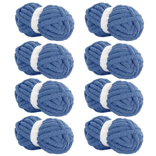 HOMBYS Country Blue Chenille-Garn zum Häkeln, sperriges, dickes, flauschiges Garn zum Stricken, super sperriges, grobes Garn für Handstrickdecken, weiches Plüschgarn, 8 Jumbo-Packungen (27 m, 227 g von HOMBYS