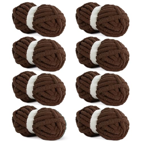 HOMBYS Dark Coffee Chunky Chenille-Garn zum Häkeln, sperriges, dickes, flauschiges Garn zum Stricken, super sperriges grobes Garn für Handstricken, Decke, weiches Plüschgarn, 8 Jumbo-Packungen (27 m, von HOMBYS