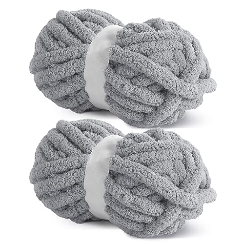 HOMBYS Hellgraues grobes Chenille-Garn zum Häkeln, sperriges, dickes, flauschiges Garn zum Stricken, super sperriges grobes Garn für Handstrickdecken, weiches Plüschgarn, 2 Jumbo-Packungen (27 m, 227 HOMBYS Hellgraues grobes Chenille-Garn zum Häkeln, sperriges, dickes, flauschiges Garn zum Stricken, super sperriges grobes Garn für Handstrickdecken, weiches Plüschgarn, 2 Jumbo-Packungen (27 m, 227 von HOMBYS