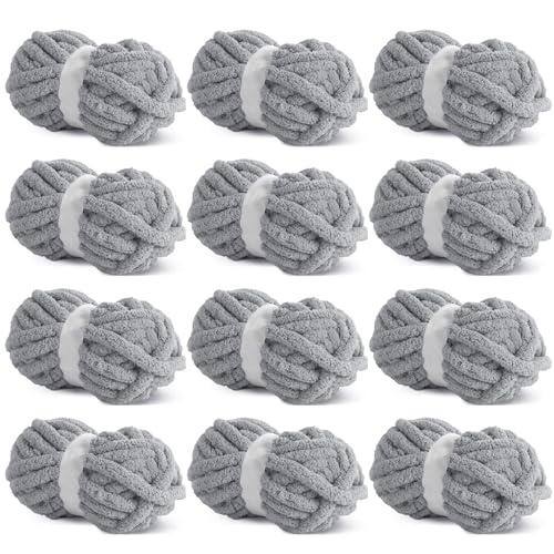 HOMBYS Hellgraues grobes Chenille-Garn zum Häkeln, sperriges, dickes, flauschiges Garn zum Stricken, super sperriges grobes Garn für Handstrickdecken, weiches Plüschgarn, 12 Jumbo-Packungen (27 m, 227 HOMBYS Hellgraues grobes Chenille-Garn zum Häkeln, sperriges, dickes, flauschiges Garn zum Stricken, super sperriges grobes Garn für Handstrickdecken, weiches Plüschgarn, 12 Jumbo-Packungen (27 m, 227 von HOMBYS