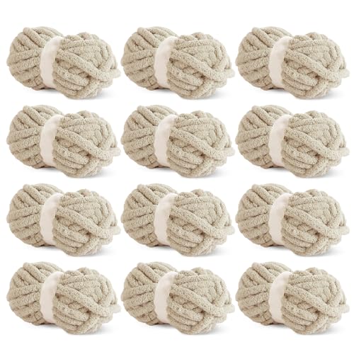 HOMBYS Khaki Chunky Chenille-Garn zum Häkeln, sperriges, dickes, flauschiges Garn zum Stricken, super sperriges grobes Garn für Handstrickdecken, weiches Plüschgarn, 12 Jumbo-Packungen (31,7 m, 227 g von HOMBYS