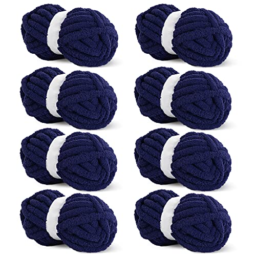 HOMBYS Marineblaues, grobes Chenille-Garn zum Häkeln und Stricken, super sperriges, dickes, flauschiges Garn für Handstrickdecke, 8 Jumbo-Pack (31.7 m, 227 g pro Knäuel) von HOMBYS