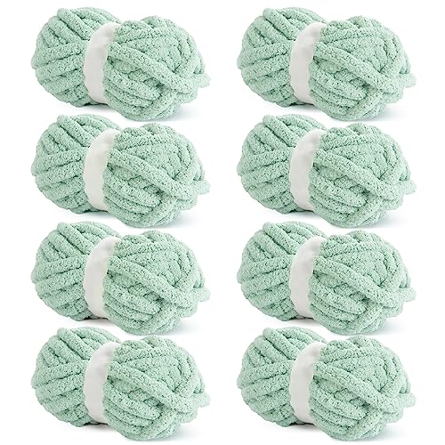 HOMBYS Mintgrünes klobiges Chenille-Garn zum Häkeln, sperriges, dickes, flauschiges Garn zum Stricken, super sperriges grobes Garn für Handstrickdecken, weiches Plüschgarn, 8 Jumbo-Pack (31,7 m, 237 g von HOMBYS