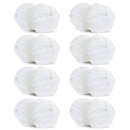 HOMBYS Reinweißes, grobes Chenille-Garn zum Häkeln, sperriges, dickes, flauschiges Garn zum Stricken, super sperriges grobes Garn für Handstrickdecken, weiches Plüschgarn, 8 Jumbo-Packungen (27 m, 227 HOMBYS Reinweißes, grobes Chenille-Garn zum Häkeln, sperriges, dickes, flauschiges Garn zum Stricken, super sperriges grobes Garn für Handstrickdecken, weiches Plüschgarn, 8 Jumbo-Packungen (27 m, 227 von HOMBYS