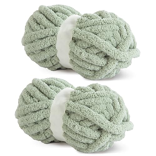 HOMBYS Sage Green Chunky Chenille-Garn zum Häkeln, sperriges, dickes, flauschiges Garn zum Stricken, super sperriges grobes Garn für Handstrickdecken, weiches Plüschgarn, 2 Jumbo-Pack (31,7 m, 237 g von HOMBYS