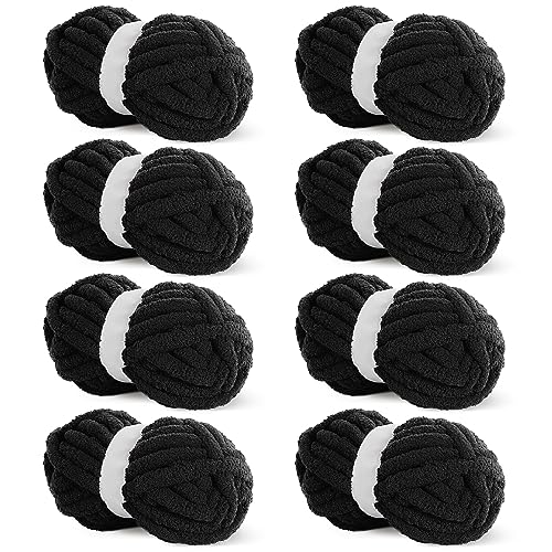 HOMBYS Schwarzes, grobes Chenille-Garn zum Häkeln, sperriges, dickes, flauschiges Garn zum Stricken, super sperriges grobes Garn für Handstrickdecken, weiches Plüschgarn, 8 Jumbo-Pack (31,7 m, 237 g von HOMBYS