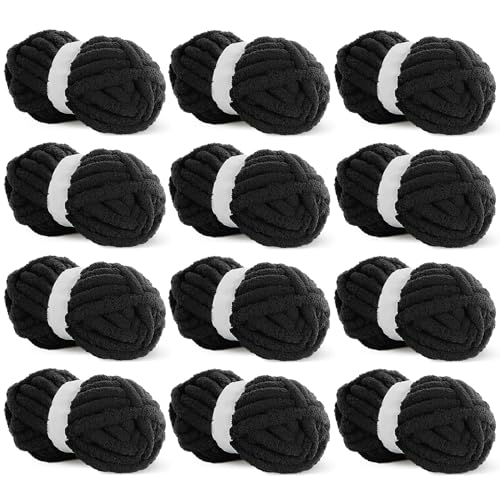 HOMBYS Schwarzes grobes Chenille-Garn zum Häkeln, sperriges, dickes, flauschiges Garn zum Stricken, super sperriges grobes Garn für Handstrickdecken, weiches Plüschgarn, 12 Jumbo-Packungen (27 m, 227 HOMBYS Schwarzes grobes Chenille-Garn zum Häkeln, sperriges, dickes, flauschiges Garn zum Stricken, super sperriges grobes Garn für Handstrickdecken, weiches Plüschgarn, 12 Jumbo-Packungen (27 m, 227 von HOMBYS