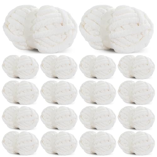 HOMBYS Weißes grobes Chenille-Garn zum Häkeln, sperriges, dickes, flauschiges Garn zum Stricken, super sperriges grobes Garn für Handstrickdecken, weiches Plüschgarn, 18 Jumbo-Packungen (27 m, 227 g von HOMBYS