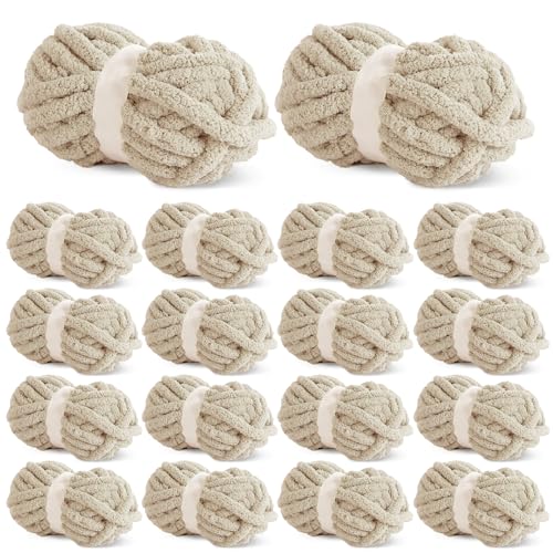 Hombys Khaki Chunky Chenille-Garn zum Häkeln und Stricken, super sperriges, dickes, flauschiges Garn für Handstrickdecke, weiches Plüschgarn, 18 Jumbo-Packung (27 m, 227 g pro Strang) von HOMBYS