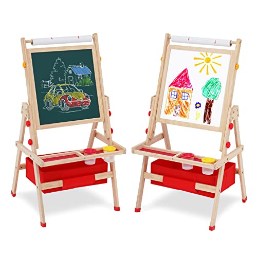 Kindertafel aus Holz mit Papierrollenhalter für Kinder, Doppelseitige drehbare Kunst Staffelei mit Whiteboard & Tafel, Aufbewahrungsbehältern für Jungen und Mädchen von HOMCENT