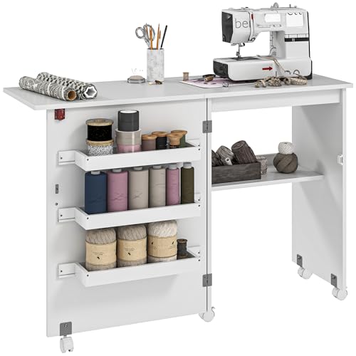 HOMCOM Nähtisch klappbar Nähmöbel mit Klappe mit Ablagefächern, offenem Regal und Rollen, Nähmaschinenmöbel, für Wohnzimmer, Büro, Studio, ABM. 118 x 40 x 79,5 cm, weiß HOMCOM Nähtisch klappbar Nähmöbel mit Klappe mit Ablagefächern, offenem Regal und Rollen, Nähmaschinenmöbel, für Wohnzimmer, Büro, Studio, ABM. 118 x 40 x 79,5 cm, weiß von HOMCOM