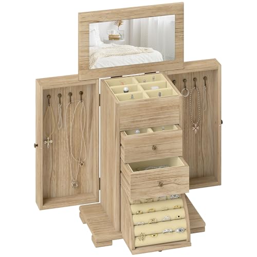HOMCOM Schmuckkästchen Holz Schmuckschatulle mit 4 Ebenen Schmuckkasten mit Spiegel, Schubladen und seitlichen Klapptüren, Schmuckbox für Ringe, Ohrringe Braun HOMCOM Schmuckkästchen Holz Schmuckschatulle mit 4 Ebenen Schmuckkasten mit Spiegel, Schubladen und seitlichen Klapptüren, Schmuckbox für Ringe, Ohrringe Braun von HOMCOM
