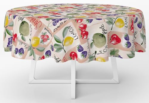 Wunderschöne Tischdecke, bügelfrei, knitterfrei, moderner Druck, Art Cherry (gemischte Früchte, Ø 160 cm, rund) von HOME ZEN HOUSEHOLD LINEN